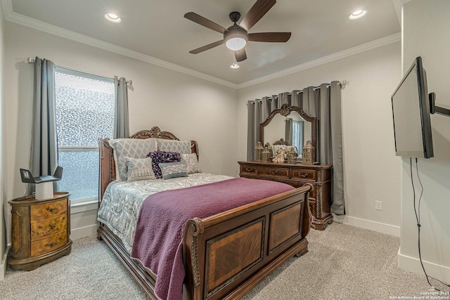 bedroom featuring baseboards, ornamental molding, and light colored carpet