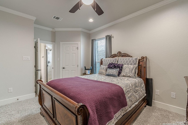 carpeted bedroom with visible vents, crown molding, baseboards, and ceiling fan