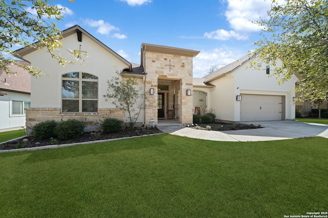 view of front of home with a garage, concrete driveway, stone siding, a front lawn, and stucco siding