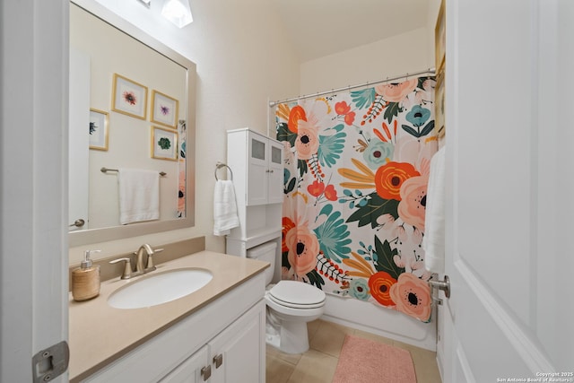 bathroom with shower / tub combo, tile patterned flooring, vanity, and toilet