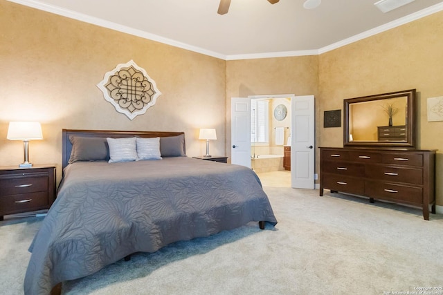 bedroom with ornamental molding, light carpet, connected bathroom, and a ceiling fan