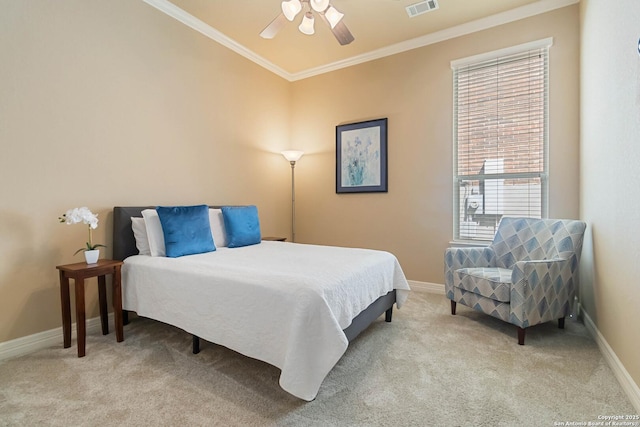 bedroom featuring baseboards, ornamental molding, ceiling fan, and light colored carpet