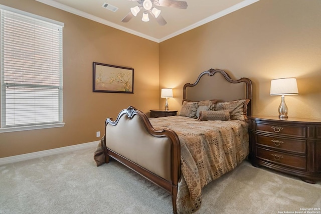 bedroom featuring visible vents, baseboards, a ceiling fan, light colored carpet, and ornamental molding