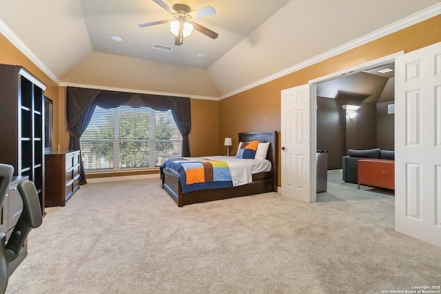 bedroom featuring vaulted ceiling, ornamental molding, carpet, and visible vents