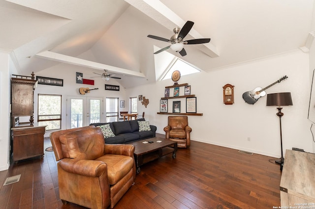 living area featuring dark wood-type flooring, visible vents, and baseboards