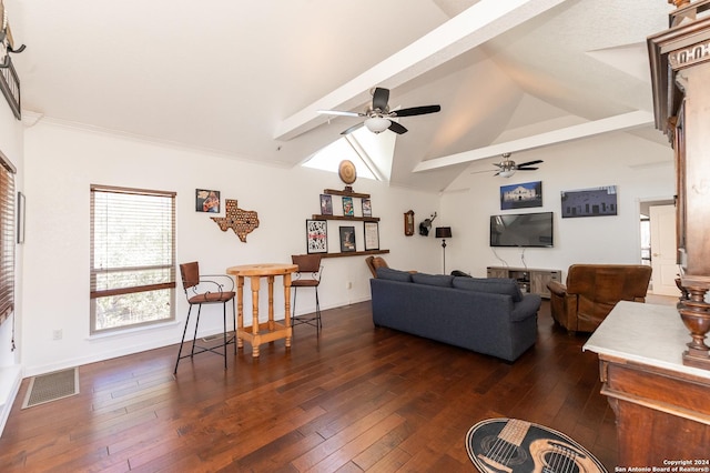 living room featuring lofted ceiling with beams, ceiling fan, dark wood-type flooring, visible vents, and baseboards