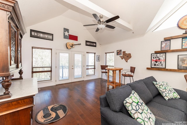 living area with dark wood-type flooring, french doors, high vaulted ceiling, and a ceiling fan