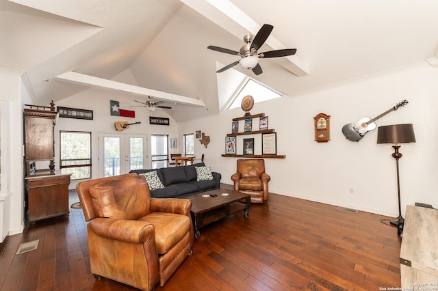 living room with dark wood-style floors, french doors, visible vents, and baseboards