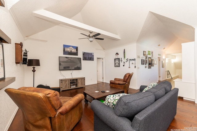 living room featuring lofted ceiling, ceiling fan, and hardwood / wood-style floors