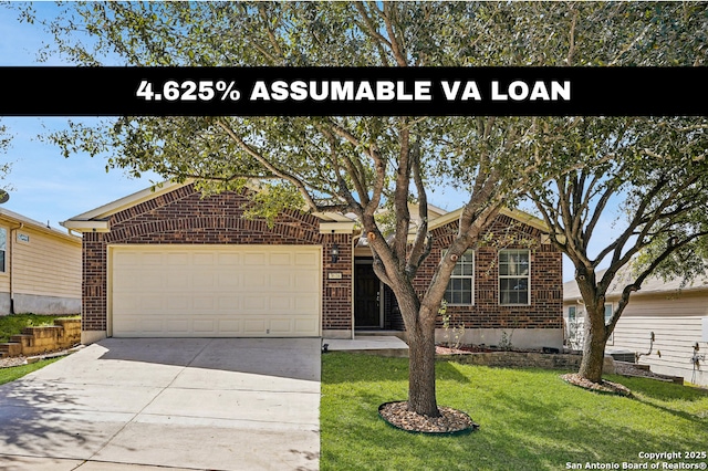 view of front facade with a front yard, concrete driveway, brick siding, and an attached garage