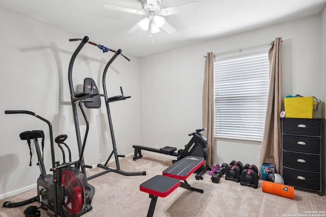 workout area featuring carpet, ceiling fan, and baseboards