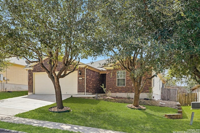 ranch-style house with a garage, brick siding, fence, concrete driveway, and a front yard