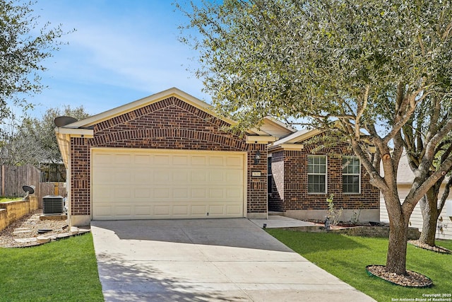 ranch-style home with a garage, central AC, brick siding, fence, and driveway