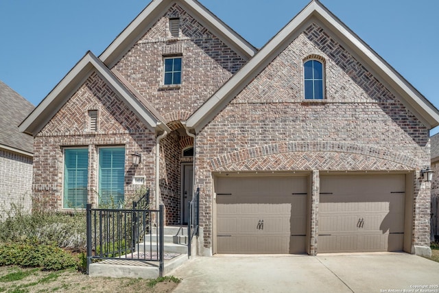 french country home with concrete driveway, a garage, and brick siding