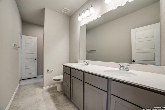 full bathroom featuring a sink, visible vents, toilet, and double vanity