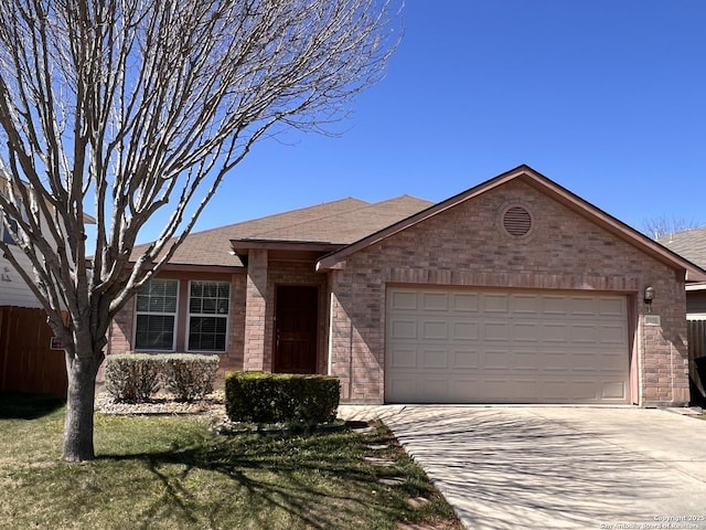 ranch-style home featuring driveway, an attached garage, fence, and brick siding