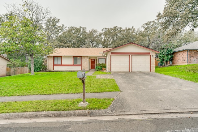 ranch-style home featuring driveway, an attached garage, fence, a front lawn, and brick siding