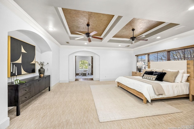 bedroom with arched walkways, crown molding, recessed lighting, coffered ceiling, and baseboards