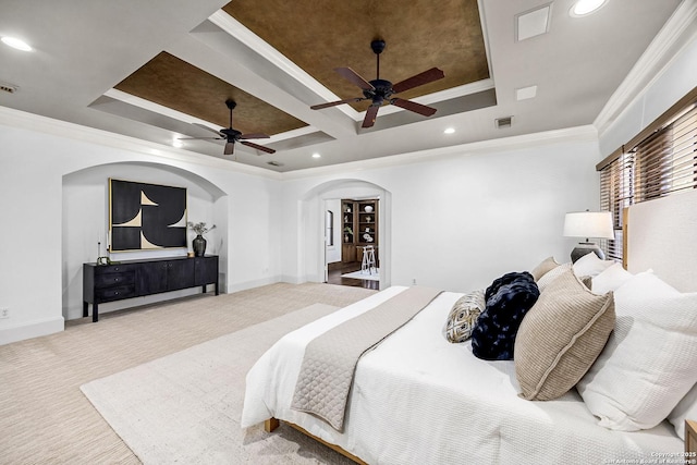 carpeted bedroom with arched walkways, crown molding, baseboards, and recessed lighting