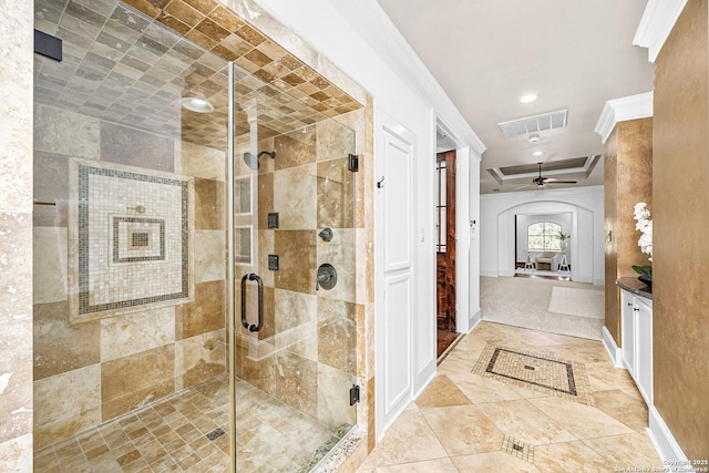 full bath featuring crown molding, recessed lighting, visible vents, a shower stall, and baseboards