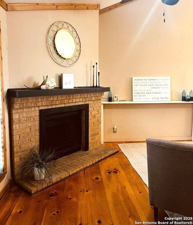 room details featuring a fireplace and wood finished floors