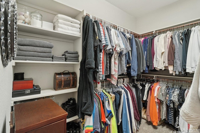 walk in closet with carpet flooring