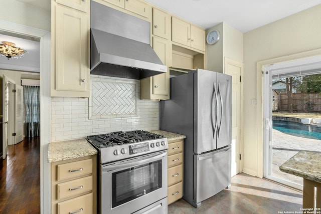 kitchen with stainless steel appliances, wall chimney range hood, cream cabinetry, and decorative backsplash