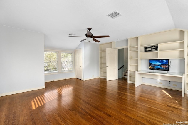 unfurnished living room with vaulted ceiling, wood finished floors, visible vents, and a ceiling fan
