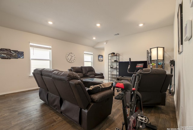 living room with baseboards, dark wood-style flooring, and recessed lighting