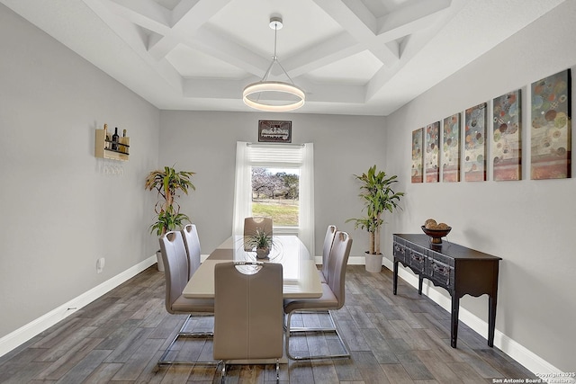 dining area with coffered ceiling, baseboards, and wood finished floors