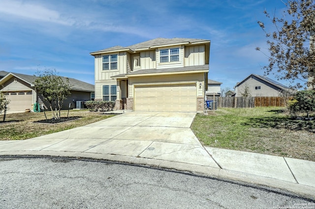 view of front facade with an attached garage, cooling unit, fence, driveway, and board and batten siding