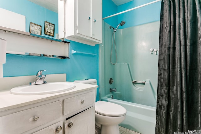 bathroom featuring toilet, shower / bath combination with curtain, and vanity