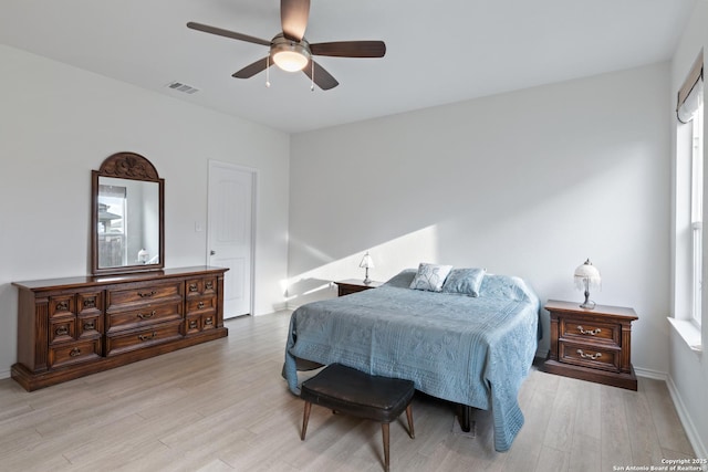 bedroom with visible vents, ceiling fan, light wood-style flooring, and baseboards