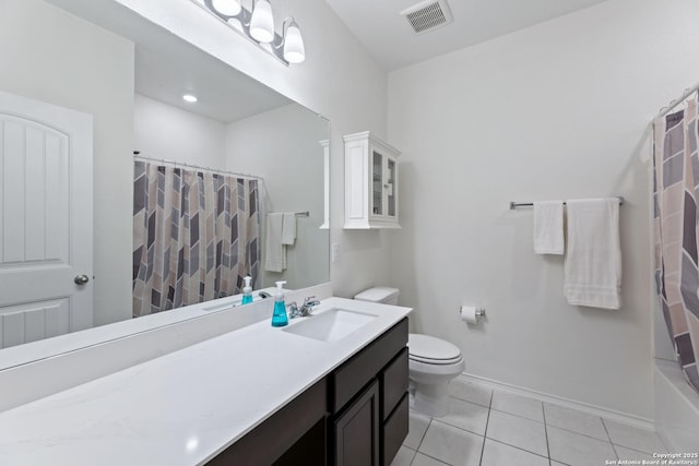 bathroom featuring visible vents, baseboards, a shower with shower curtain, toilet, and tile patterned flooring