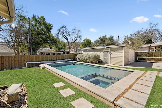 view of pool with a fenced in pool, an in ground hot tub, a fenced backyard, an outbuilding, and a lawn