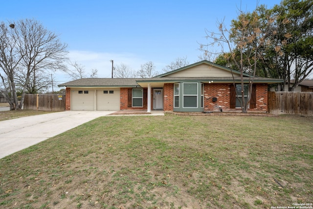 ranch-style home with a garage, fence, concrete driveway, and brick siding