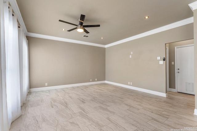 unfurnished room featuring visible vents, crown molding, baseboards, and ceiling fan