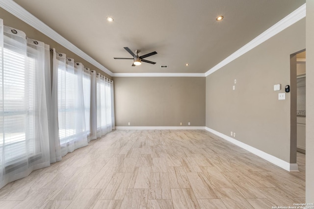 empty room with recessed lighting, visible vents, ornamental molding, a ceiling fan, and baseboards