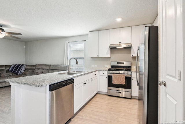 kitchen with open floor plan, appliances with stainless steel finishes, a sink, and under cabinet range hood