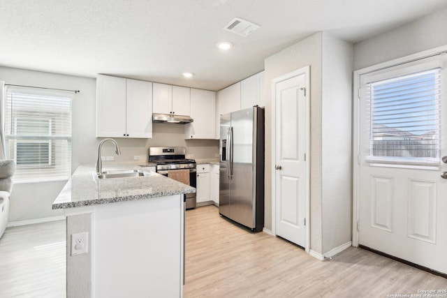 kitchen with visible vents, appliances with stainless steel finishes, a peninsula, under cabinet range hood, and a sink