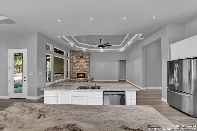 kitchen with stainless steel appliances, a raised ceiling, a ceiling fan, a sink, and a stone fireplace