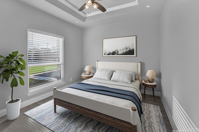 bedroom with a raised ceiling, baseboards, and wood finished floors