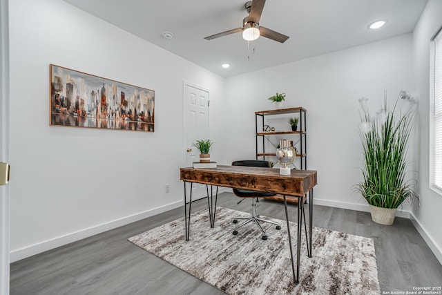 office featuring ceiling fan, baseboards, wood finished floors, and recessed lighting