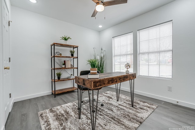 office space with ceiling fan, baseboards, wood finished floors, and recessed lighting