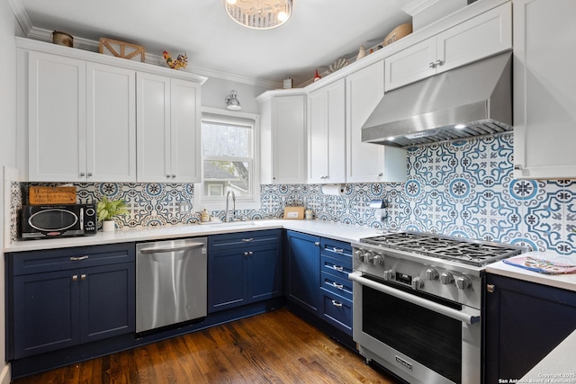 kitchen featuring blue cabinets, under cabinet range hood, stainless steel appliances, a sink, and light countertops