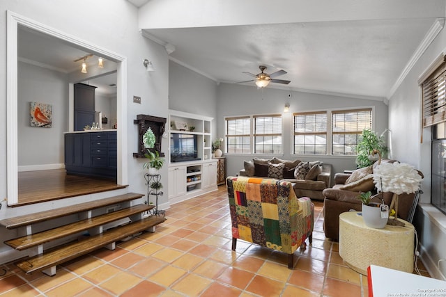 living room with light tile patterned floors, ornamental molding, lofted ceiling, and a ceiling fan