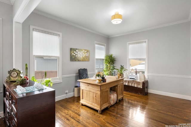 home office with dark wood-style floors, baseboards, and crown molding