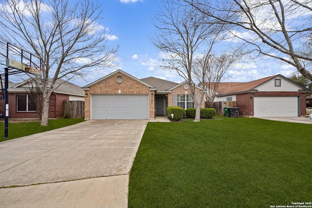 ranch-style home featuring brick siding, an attached garage, a front yard, fence, and driveway