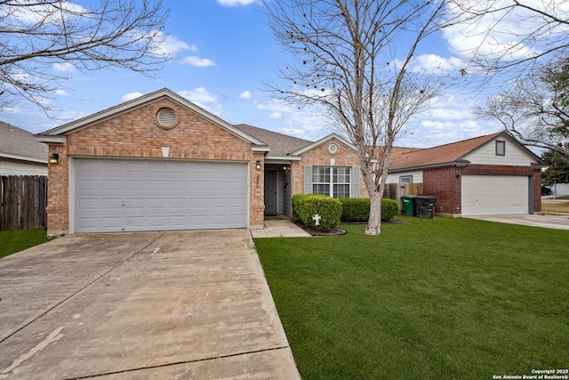 single story home with brick siding, a front lawn, an attached garage, and fence