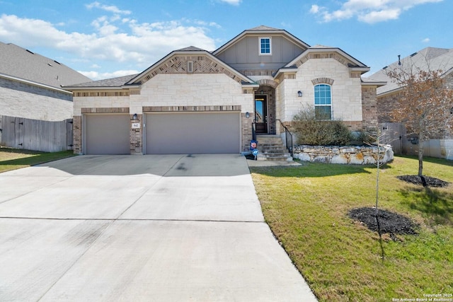 french country inspired facade featuring a garage, brick siding, fence, driveway, and a front yard